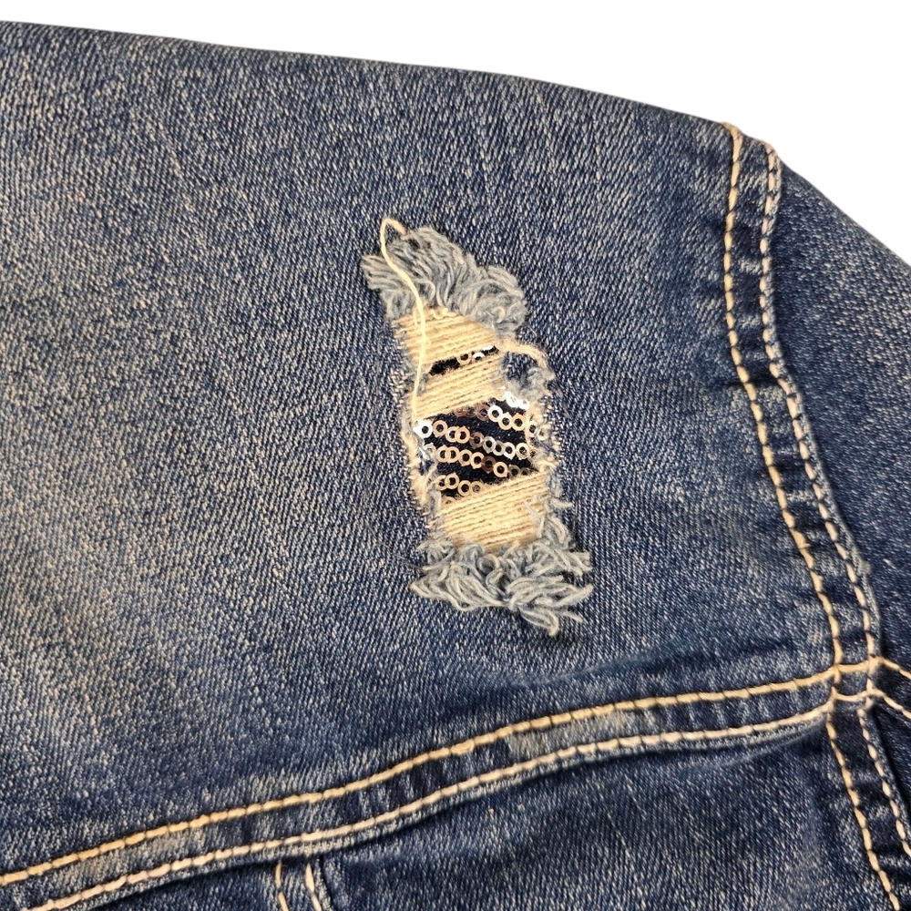 Amethyst Jeans Distressed Crop Denim Jean Jacket Women’s XL Blue Stretch Sequins - Picture 9 of 12